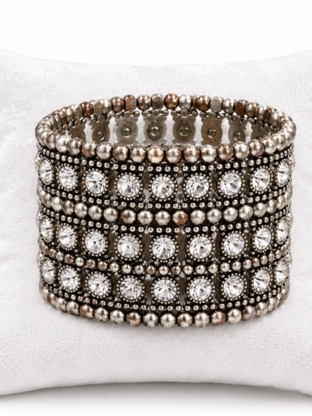 Silver-Tone Crystal Rhinestone Wide Stretch Statement Bracelet